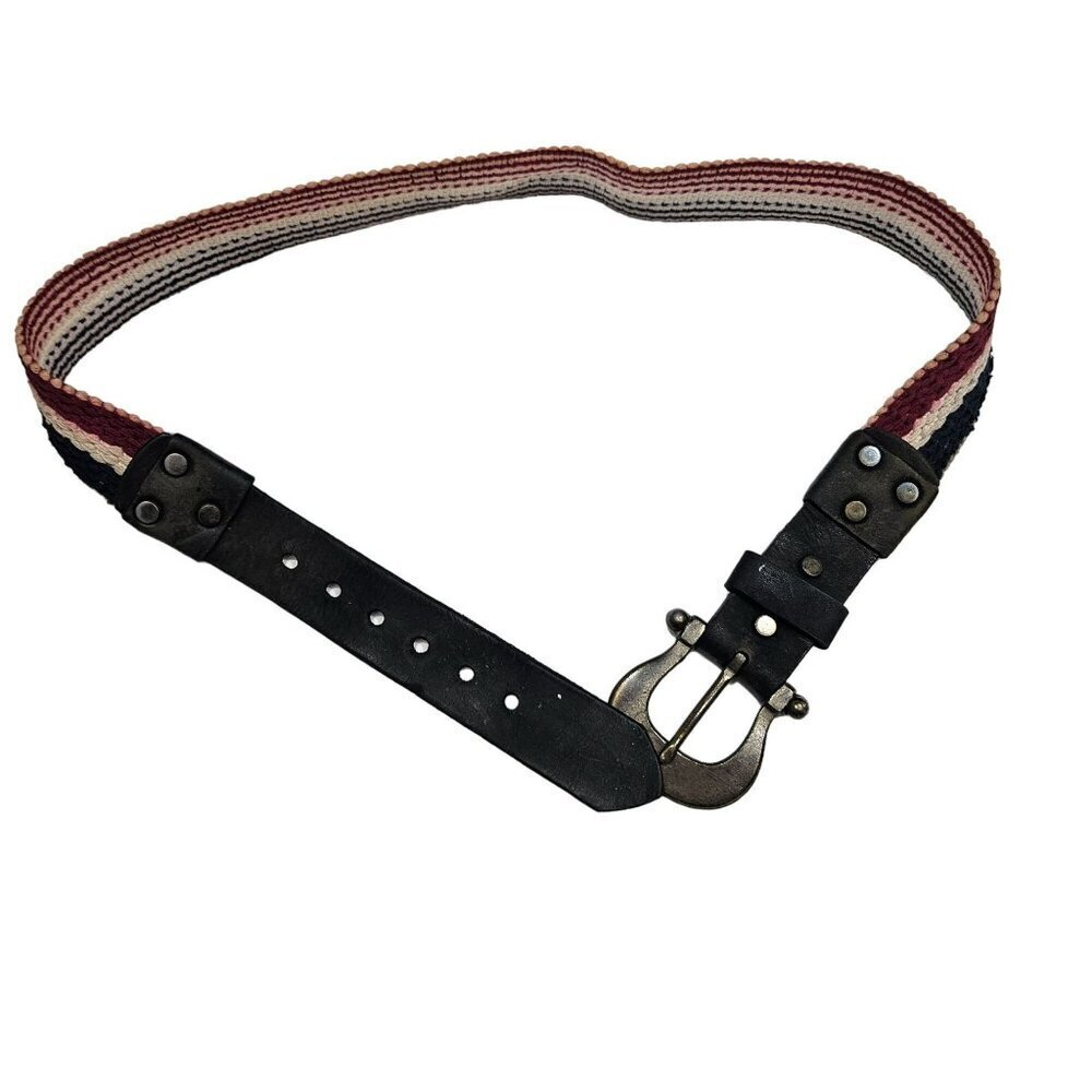 Vintage Leather‎ & Woven Fabric Belt With metal Buckle sz 34 red white blue